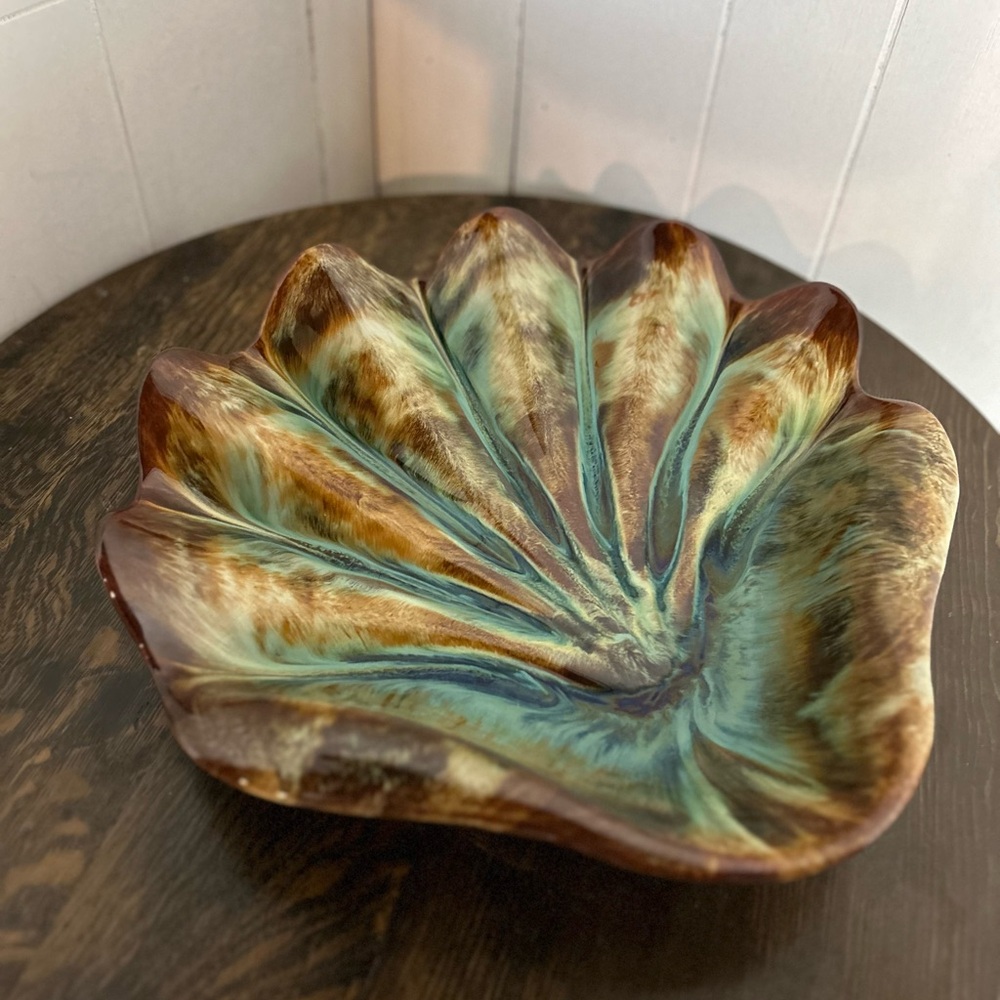 Blue Mountain Pottery Handcrafted Ceramic Shell Leaf Bowl in Turquoise and Brown